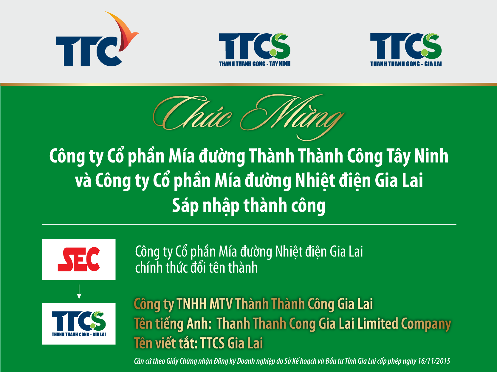 Chúc mừng Công ty CP Mía đường Thành Thành Công Tây Ninh và Công ty CP Mía đường Nhiệt điện Gia Lai sáp nhập thành công!